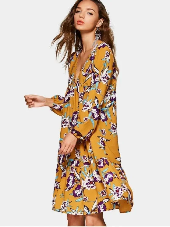 TastyHottie - Chic Plunging Neck Empire Waist Floral Print Dress