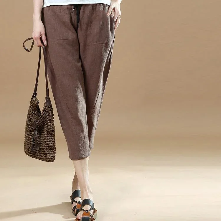 chocolate casual linen pants women elastic waist crop pants