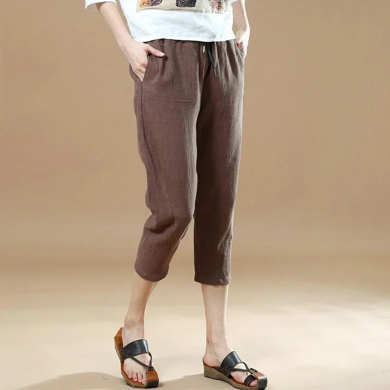 chocolate-casual-linen-pants-women-elastic-waist-crop-pants