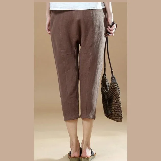 chocolate-casual-linen-pants-women-elastic-waist-crop-pants