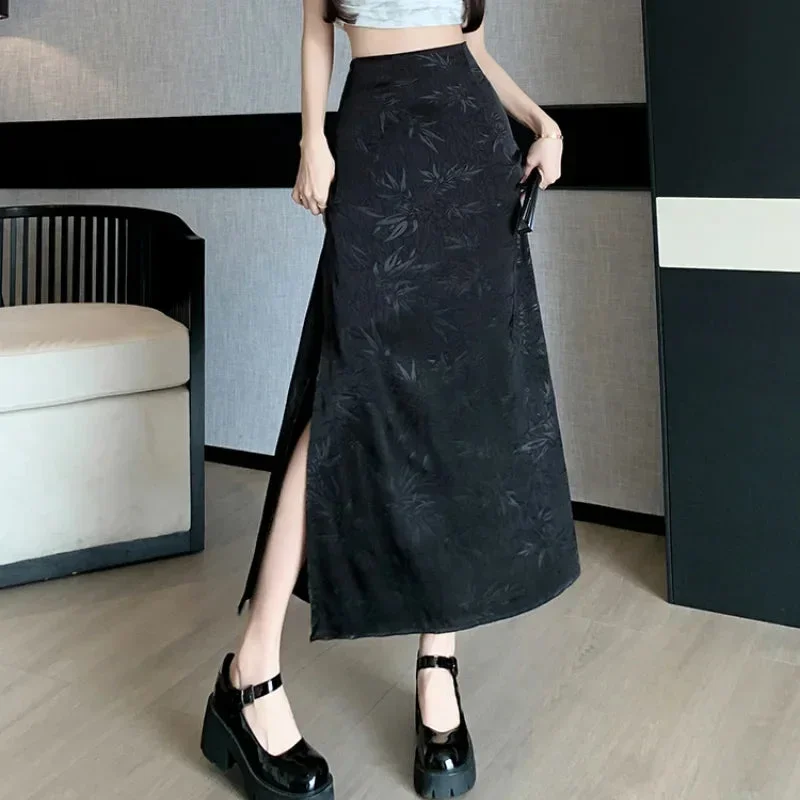 FashionSierra - Chinese Style Side Slit Satin Long Women 2024 New Summer Fashion High Waist A-line Ladies Vintage Midi Skirt