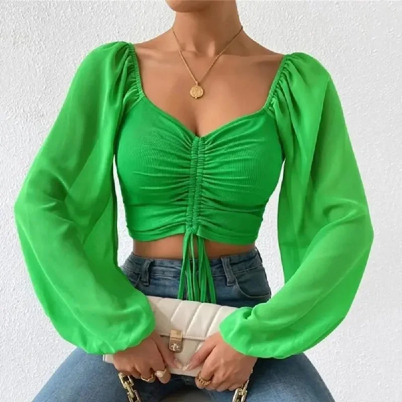 Women Blouse V-neck Lantern Long Sleeve Cropped Chiffon Lace-up Blouse