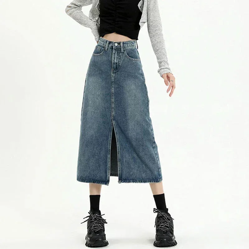 Spring Fall 2024 New High-Waisted Thin Short Skirt Retro Blue Medium-Length Skirt Jeans