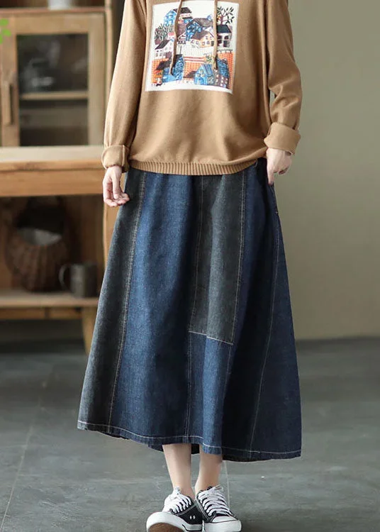 dark-blue-denim-skirt-elastic-waist-button-spring