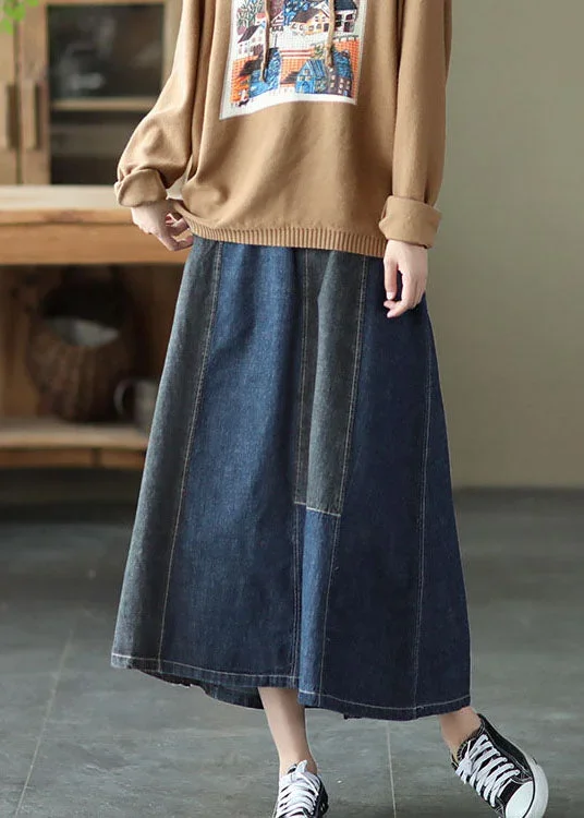 dark-blue-denim-skirt-elastic-waist-button-spring