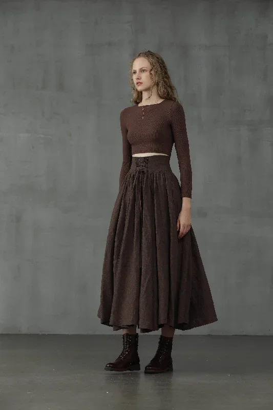 dark-brown-maxi-linen-skirt-lace-up-maxi-linen-skirt-girdle-linen-skirt-1950s-skirt-winter-skirt-flared-skirt-linennaive