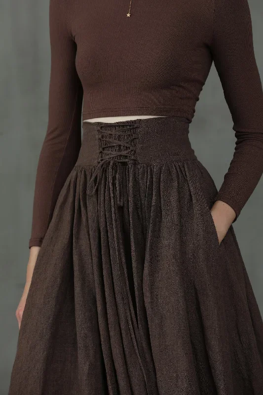 dark-brown-maxi-linen-skirt-lace-up-maxi-linen-skirt-girdle-linen-skirt-1950s-skirt-winter-skirt-flared-skirt-linennaive