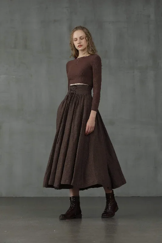 dark-brown-maxi-linen-skirt-lace-up-maxi-linen-skirt-girdle-linen-skirt-1950s-skirt-winter-skirt-flared-skirt-linennaive