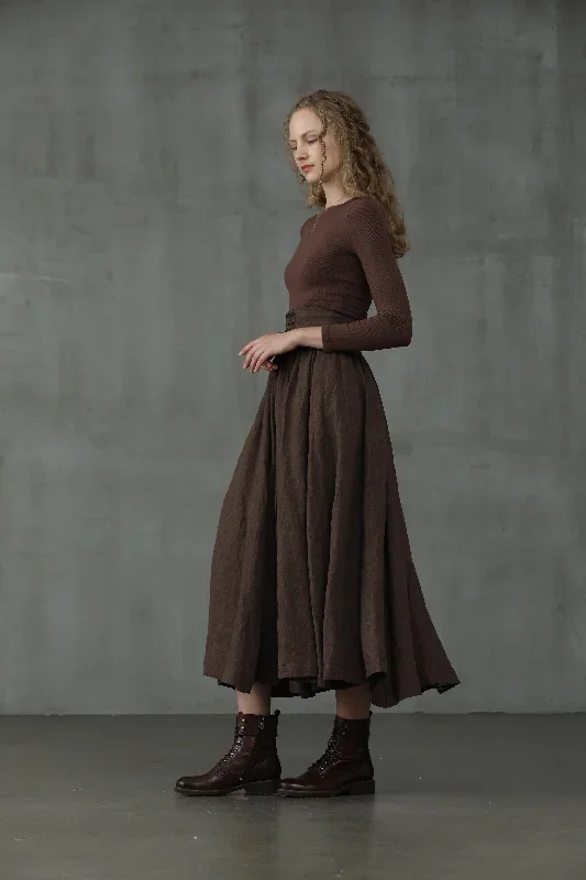 dark-brown-maxi-linen-skirt-lace-up-maxi-linen-skirt-girdle-linen-skirt-1950s-skirt-winter-skirt-flared-skirt-linennaive