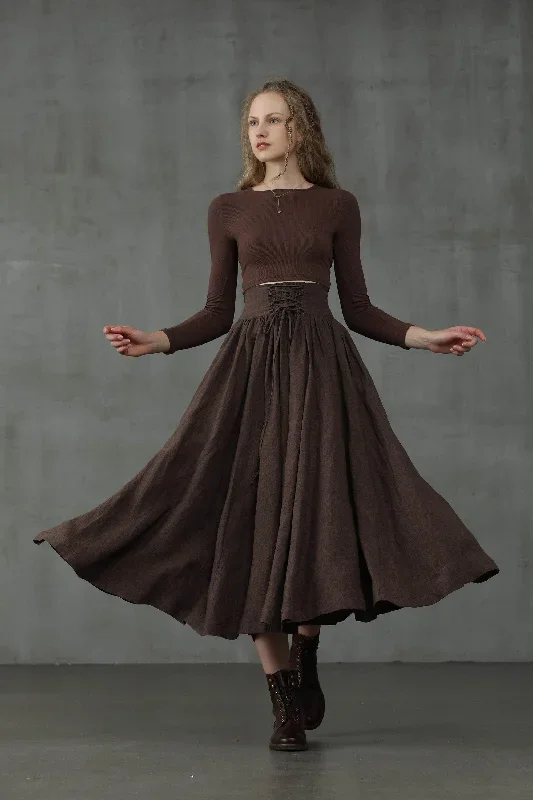 dark-brown-maxi-linen-skirt-lace-up-maxi-linen-skirt-girdle-linen-skirt-1950s-skirt-winter-skirt-flared-skirt-linennaive