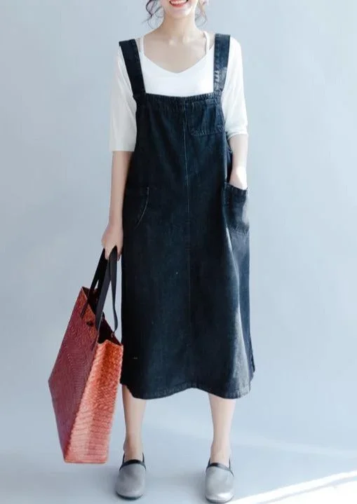 Denim Black Long Cotton Dresses Casual Big Pockets Maxi Dress Sleeveless