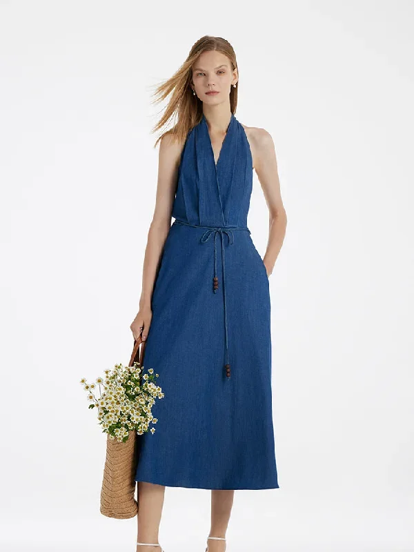 Denim Halter Women Midi Dress With Rope Belt