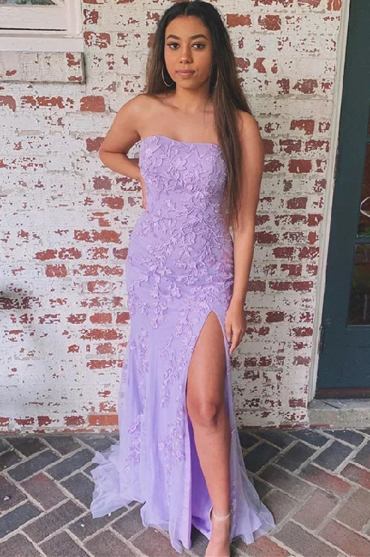 Strapless Mermaid Long Lavender Lace Prom Dress with Slit