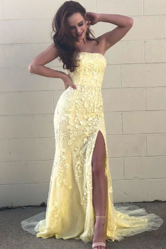 elegant-strapless-yellow-long-lace-prom-dress-with-slit