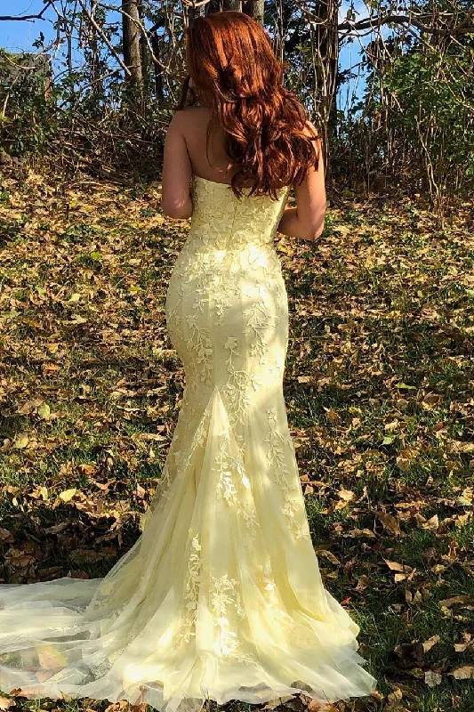 elegant-strapless-yellow-long-lace-prom-dress-with-slit