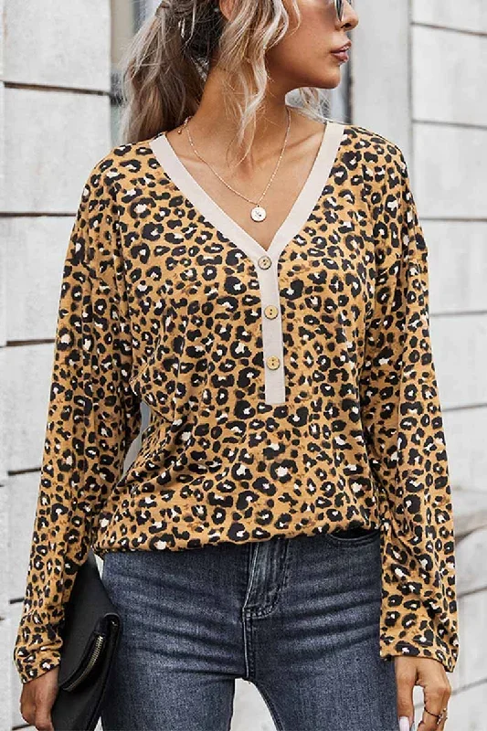 Elegant V-neck leopard print blouse women