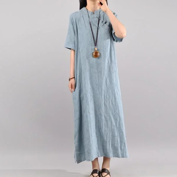 Elegant Women Vintage Cotton Summer light blue Solid Maxi Short Sleeve Dress