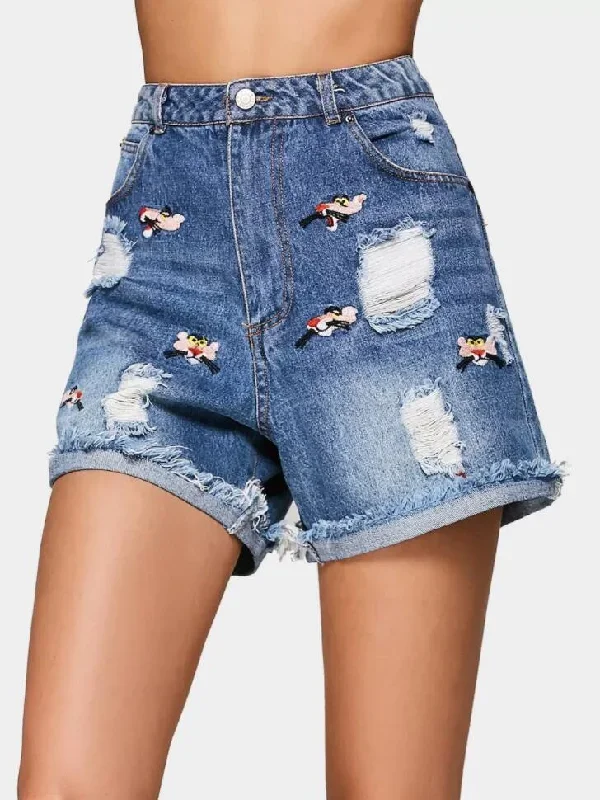 Fashion Embroidered Cutoffs Distressed Denim Shorts