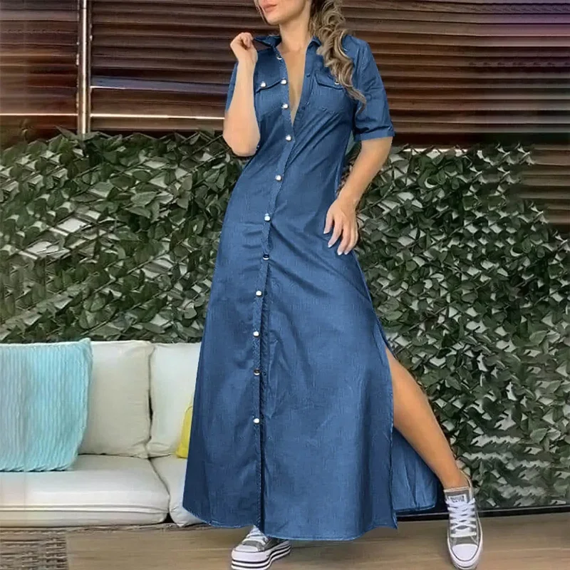 JuliaFashion - Fashion Pockets Denim Turndown Collar Half Sleeve Single Breasted Slit Long Elegant Maxi Dress