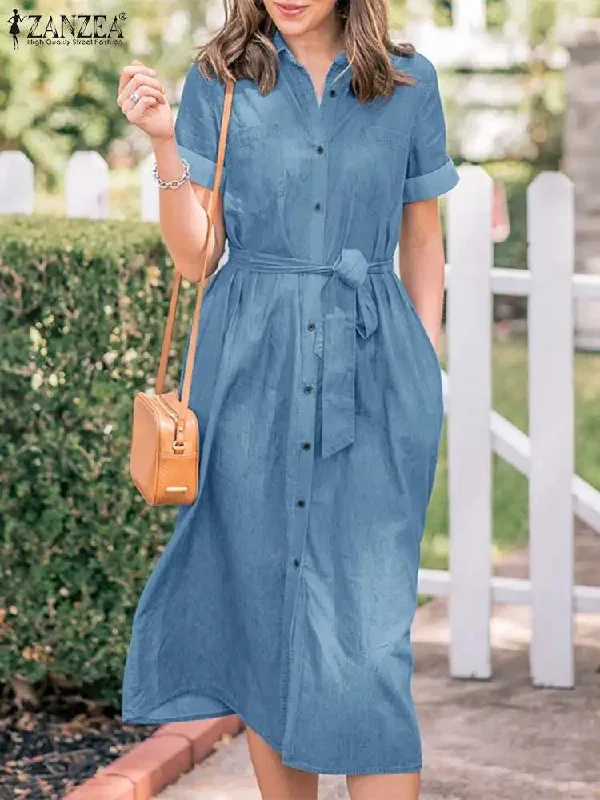 2024 Summer Denim Blue Lapel Neck Short Sleeve Work Casual ShirtMidi Dress