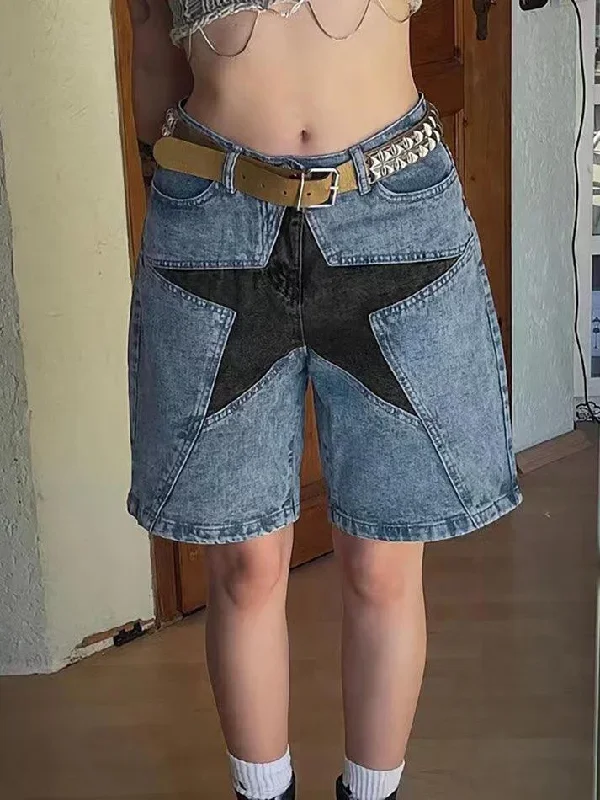 Five-Pointed Star Splicing Slim Ddenim Shorts