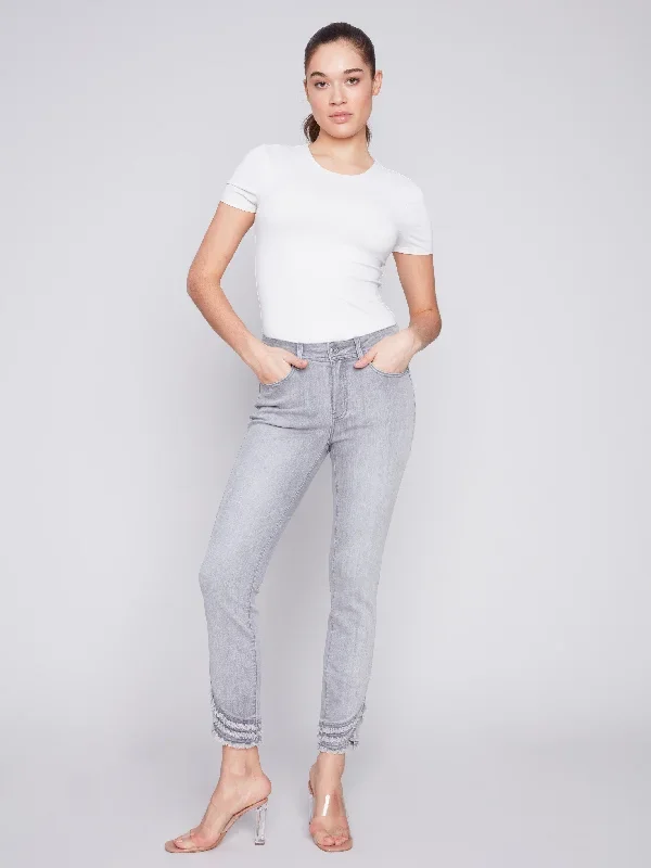 Frayed Hem Denim Pants - Light Grey