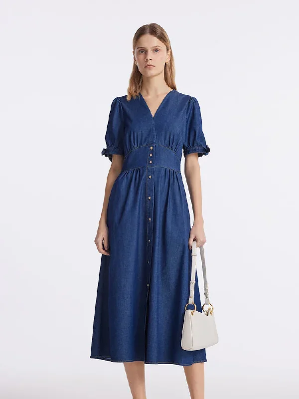 Gathered Waist Denim Women Midi Dress