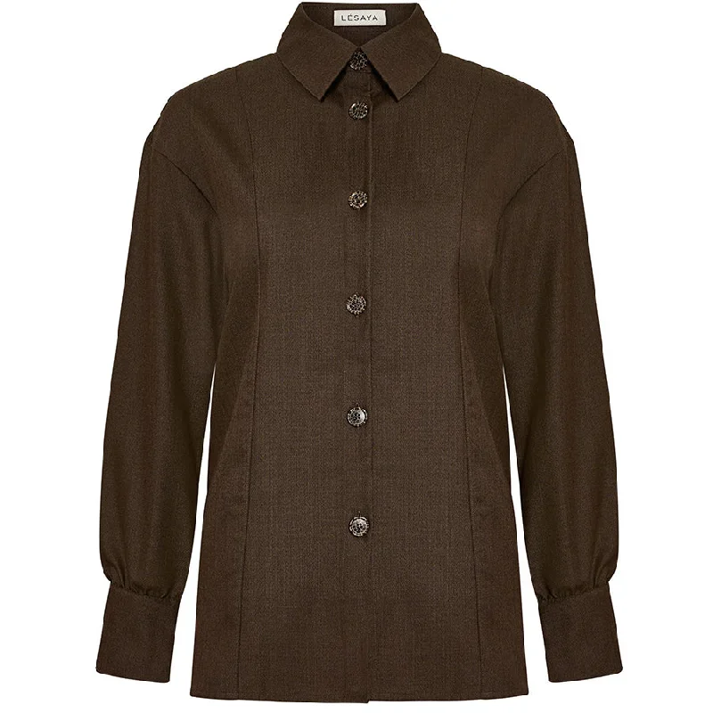 VIRGIN WOOL SHIRT BLOUSE ""GIA"" IN BROWN