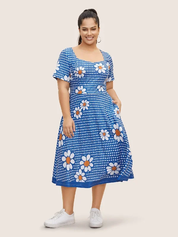 Gingham Floral Elastic Waist Midi Dress