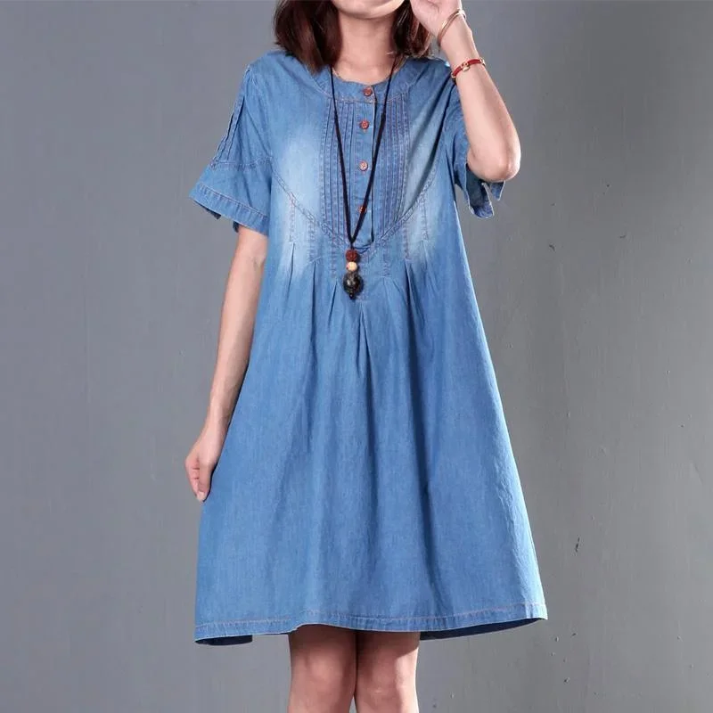 Gradient blue denim sundress short sleeve plus size summer denim dresses