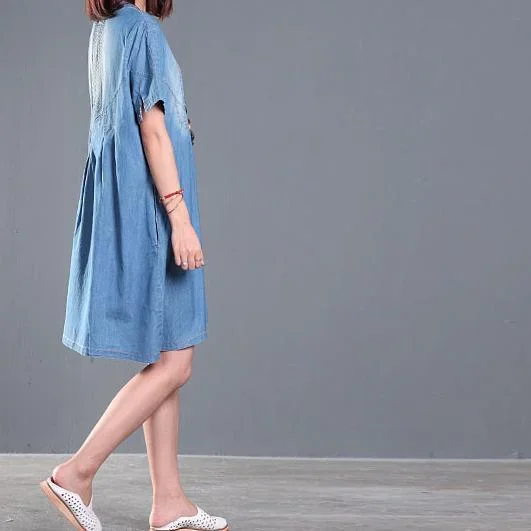 gradient-blue-denim-sundress-short-sleeve-plus-size-summer-denim-dresses