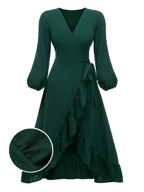 Green 1950s Lantern Sleeve Wrap V-Neck Dress