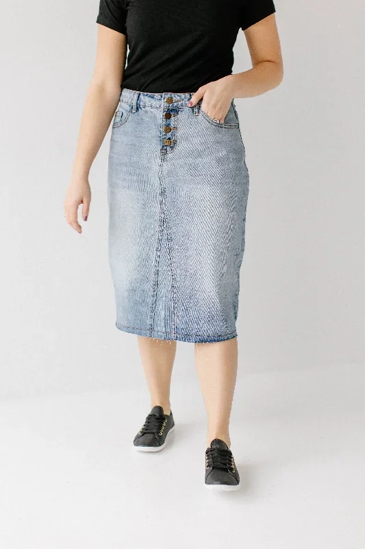 'Haven' Knee Length Denim Skirt in Light Wash FINAL SALE