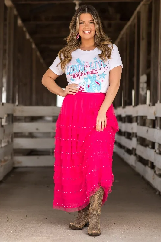 Hot Pink Tulle Midi Skirt With Pearl Detail