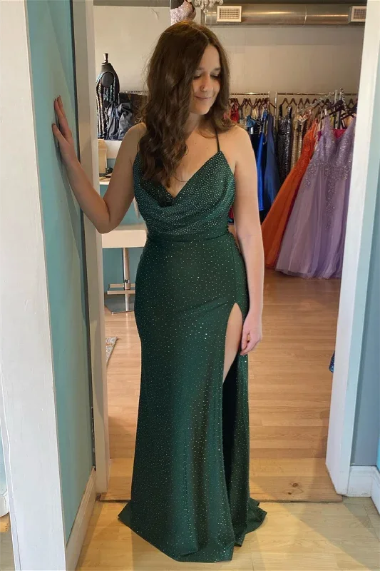 Hunter Green  Cowl Neck Lace-Up Long Prom Dress with Rhinestones