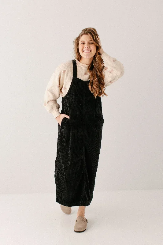 'Irina' Corduroy Overall Maxi Dress in Black FINAL SALE