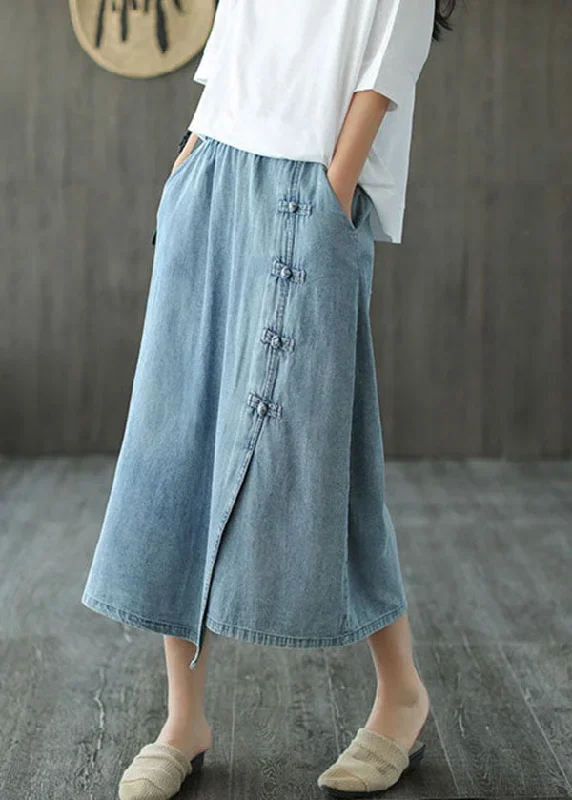 italian-denim-blue-elastic-waist-asymmetrical-oriental-button-cotton-skirt-summer