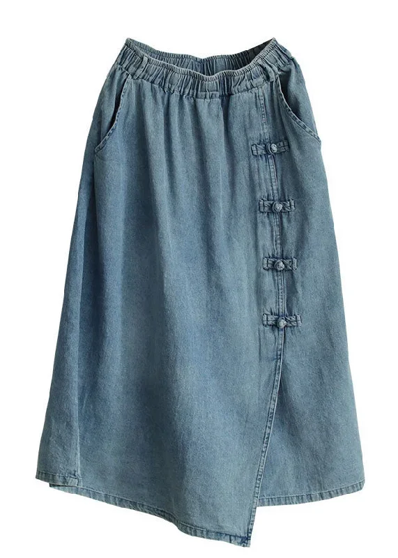 italian-denim-blue-elastic-waist-asymmetrical-oriental-button-cotton-skirt-summer