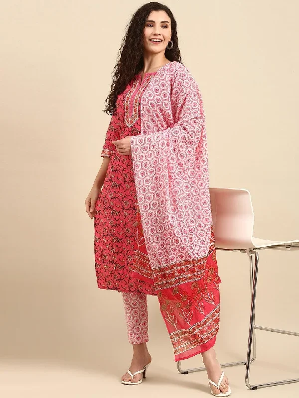 Pink Cotton Floral Print Kurta with Pant and Dupatta