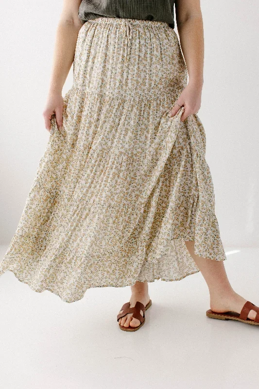 'Jasmine' Floral Tiered Maxi Skirt in Taupe