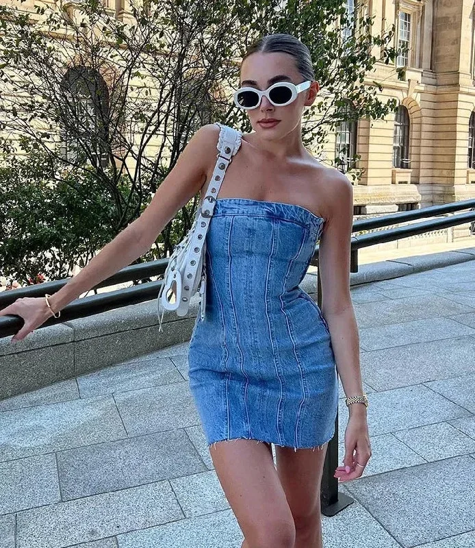 Sexy Blue Denim Sheath Mini Party Dress Women Y2K Street Style Jeans Tube Backless Bodycon Dress Fashion Vestidos