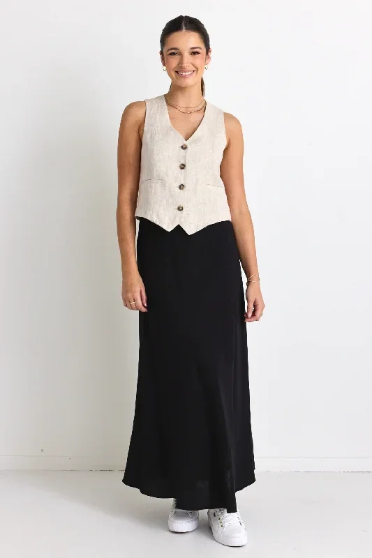 Lagos Black Linen Floaty Bias Cut Maxi Skirt