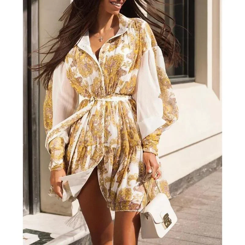 FashionSierra - Lantern Sleeve Retro Print Shirt Dress Wonen turn down collar long sleeve dresss autumn streetwear Eelegant robe femme