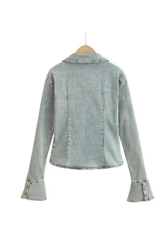 lapel-single-breasted-bell-sleeve-denim-blouse