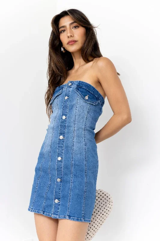 Lara Denim Tube Button Mini Dress