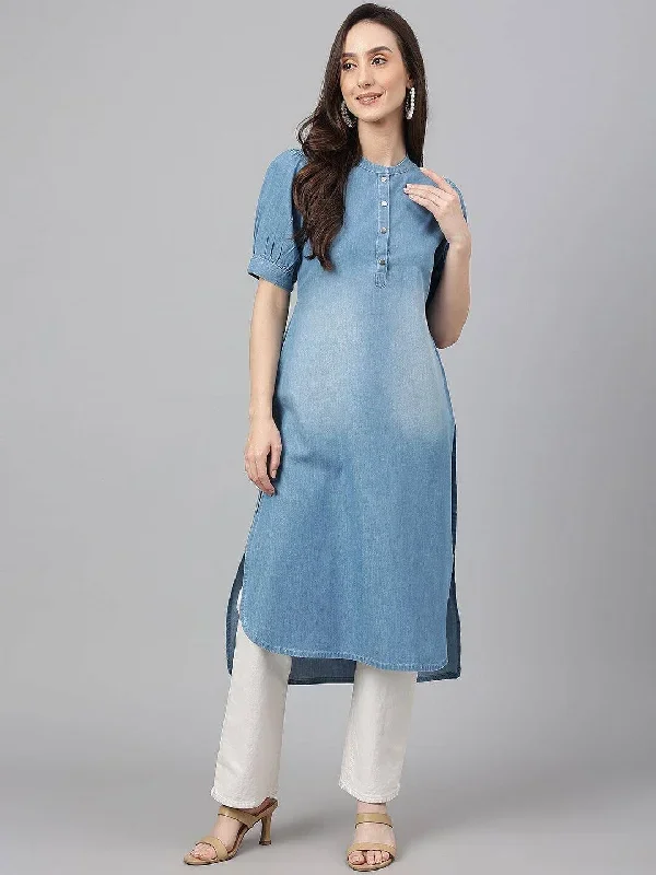 Light Blue Denim Solid High Low Kurta