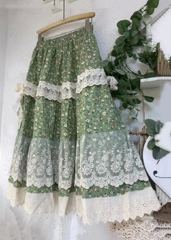 loose-green-print-lace-elastic-waist-patchwork-skirts-summer