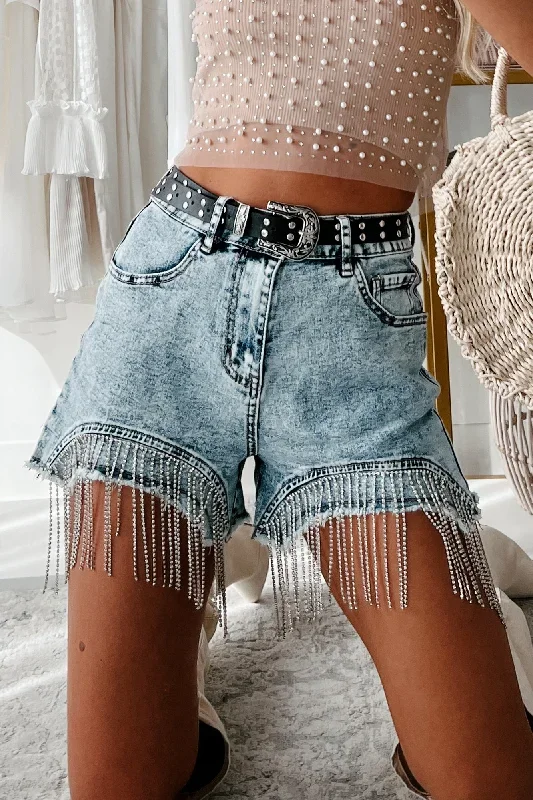 Making A Statement Rhinestone Fringe Shorts With Belt (Light Wash)