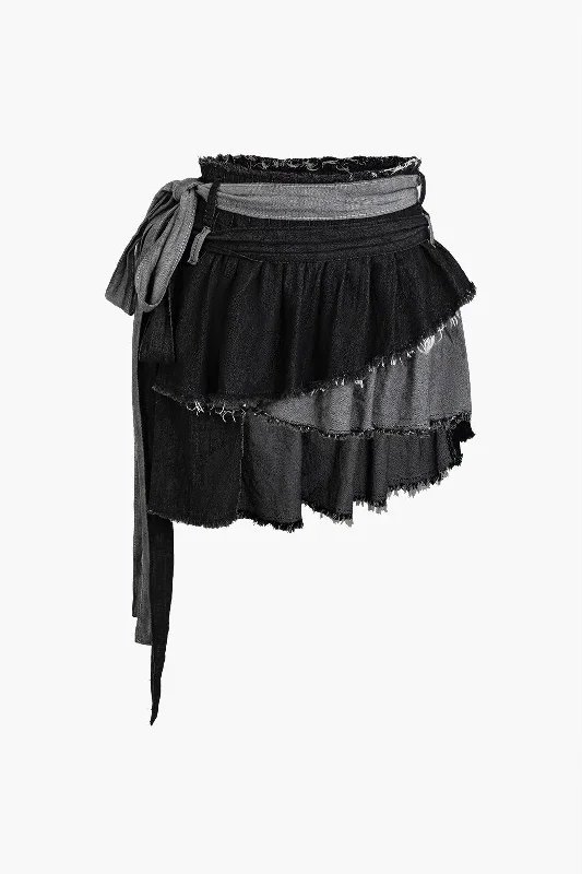 Frayed Layered Ruched Double Waistband Denim Skirt