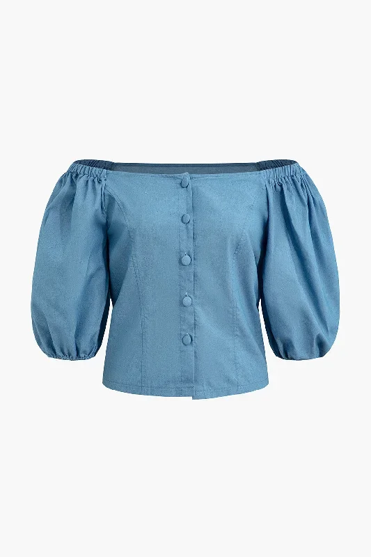 Buttoned Off-Shoulder Ruched Denim Top